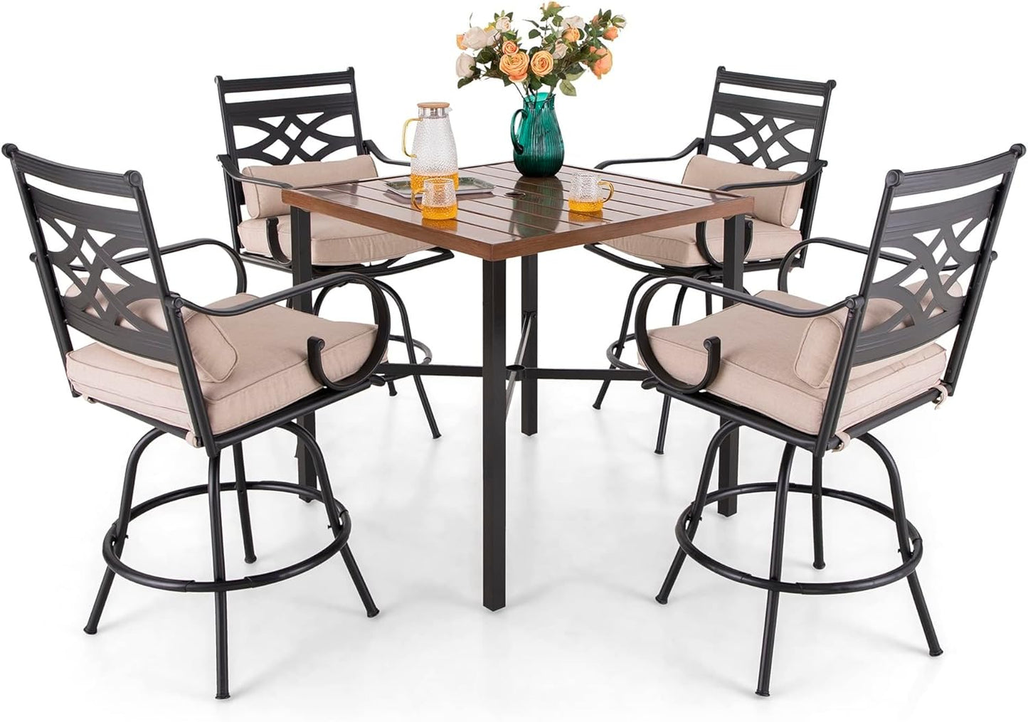 Sophia & William Outdoor Patio Bar Set 5 Piece High Dining Table and Chairs Furniture Set-4 Swivel Bar Stools with Beige Cushion and 1 Square Bar Height Table with Hand-Painted Metal Top
