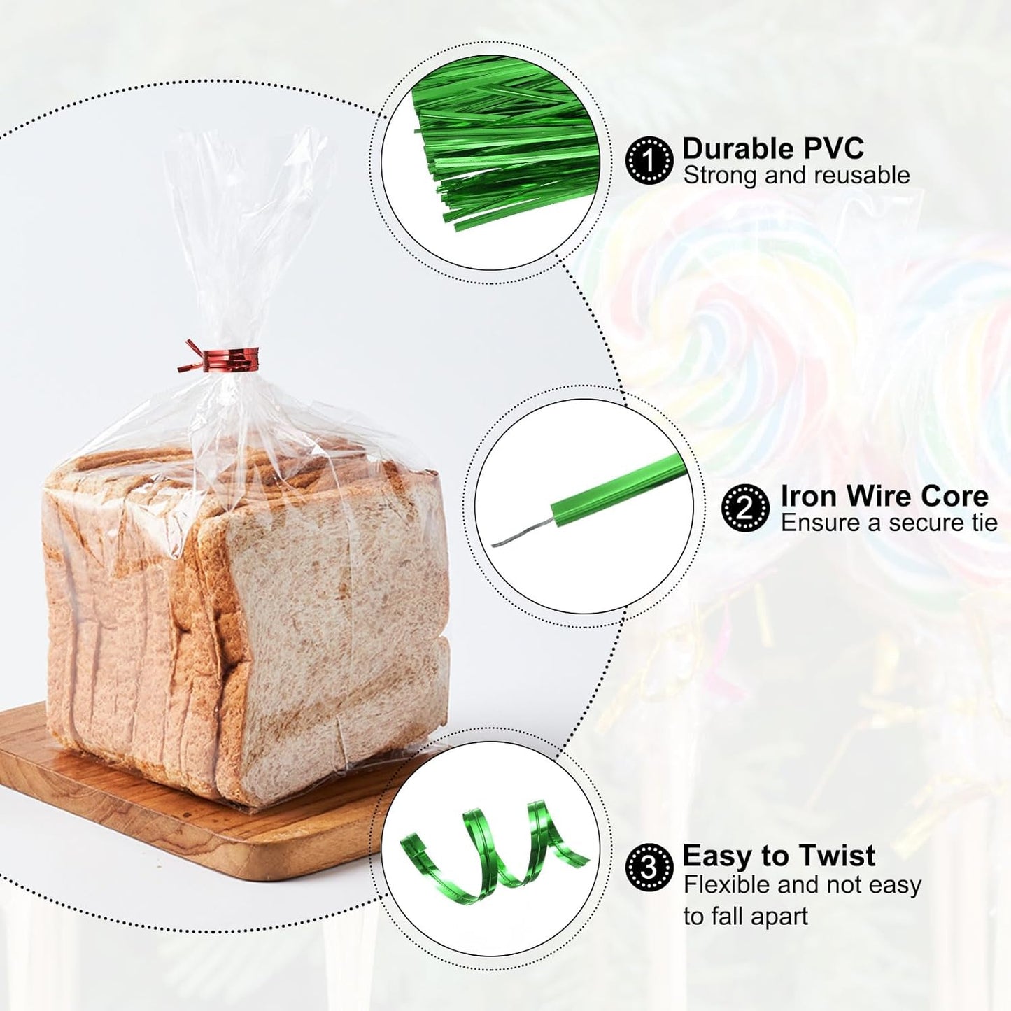 HARFINGTON 800pcs Bag Twist Ties 4.7" Reusable Plastic Metallic Twist Ties Wire Cable Ties for Party Bread Candy Cake, Green