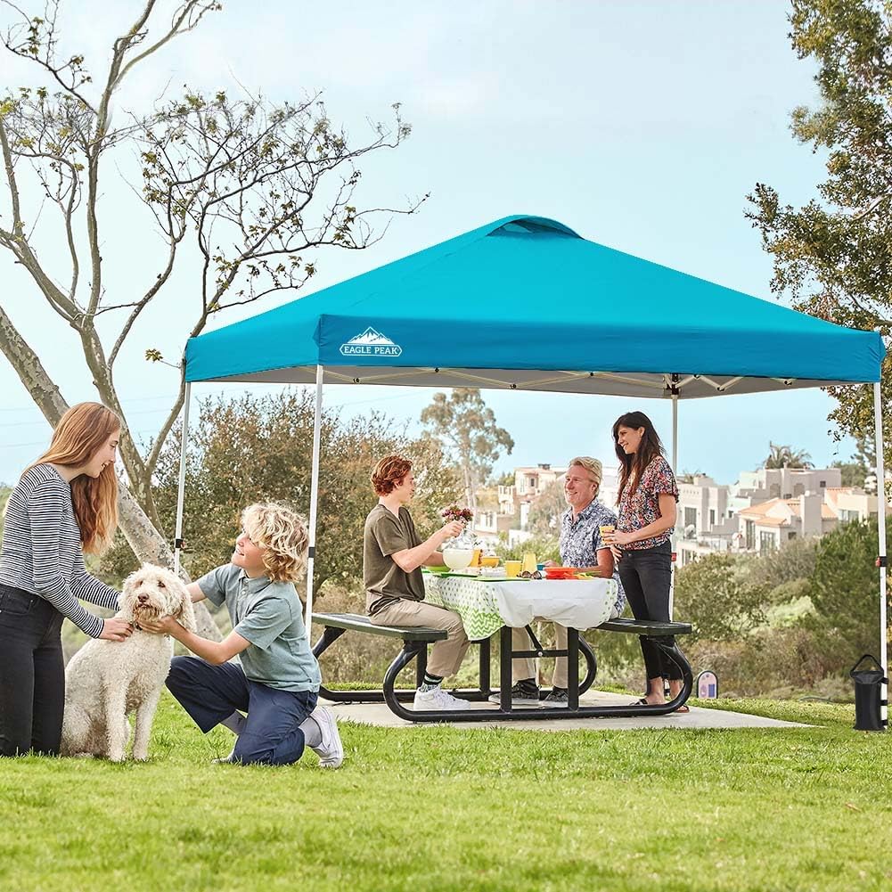 EAGLE PEAK Pop Up Canopy Tent with Wheeled Carry Bag, 8 Stakes, 4 Ropes, 4 Weight Bags, Easy Set Up Tent Canopy, 10x10 ft, 100sqft of Shade, Turquoise