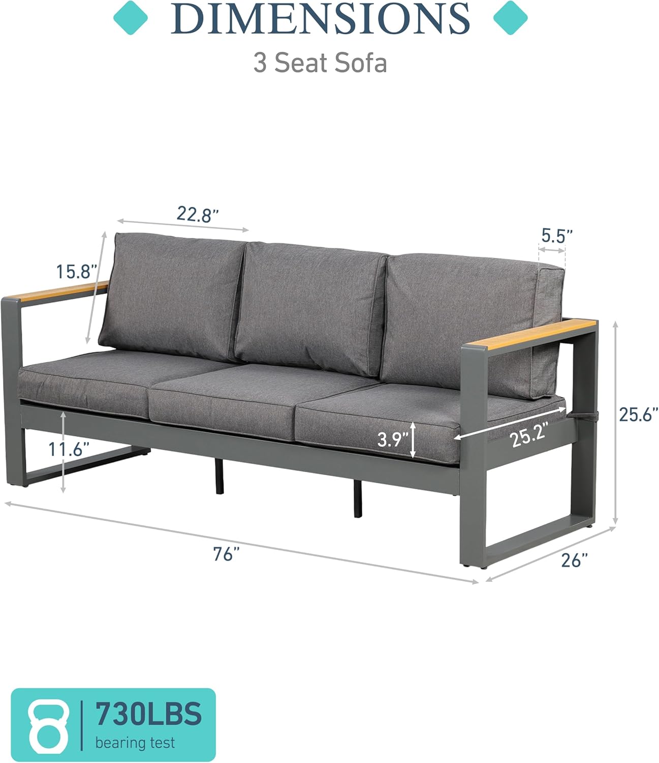 BPS Outdoor Aluminum Patio Furniture 3 Seats Sofa, 1 PCS All-Weather Metal Outdoor Sofa Chairs with Washable Thick Cushion for Garden, Patio, Balcony and Proch