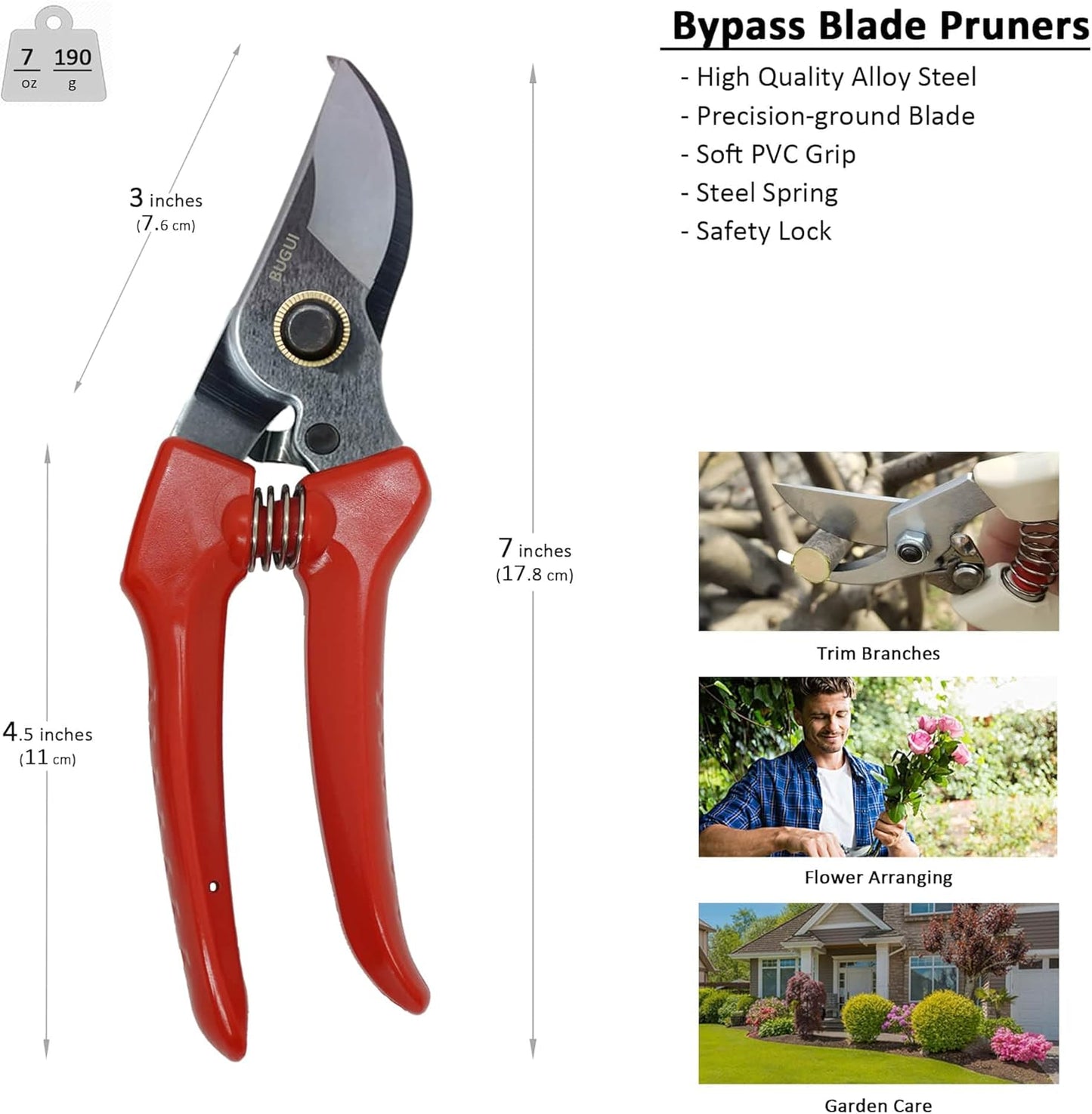 BUGUI Pruning Shears Garden Shears - Premium Alloy Steel Bypass Pruner, Precision-ground Blades, Heavy Duty Gardening Tools, 7" (H201)