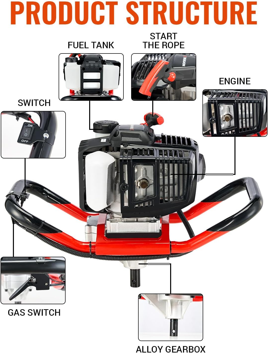 Post Hole Digger 52cc 1400W with 2 Earth Auger Drill 6"& 8" Bits, Auger Gas Powered Heavy Duty for Tree Planting Fence Gardening Ice Auger
