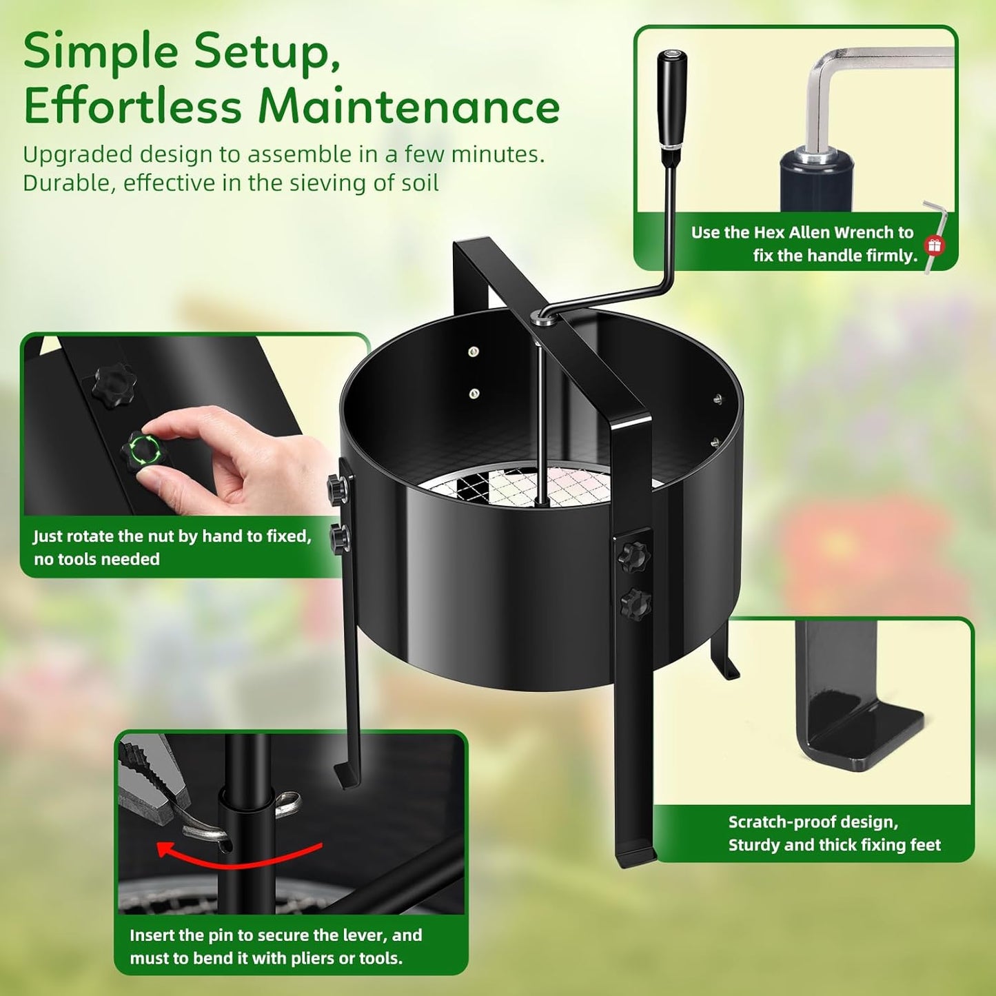 New Upgrade Rotary Soil Sifter Compost Sieve, 13 Inch Heavy-Duty Garden Soil Screen with 4 Replaceable Sifting Sieve (3/6/9/12mm) for Sand Rocks Dirt Compost, Includes Gardening Shovel & Gloves Kit ‌