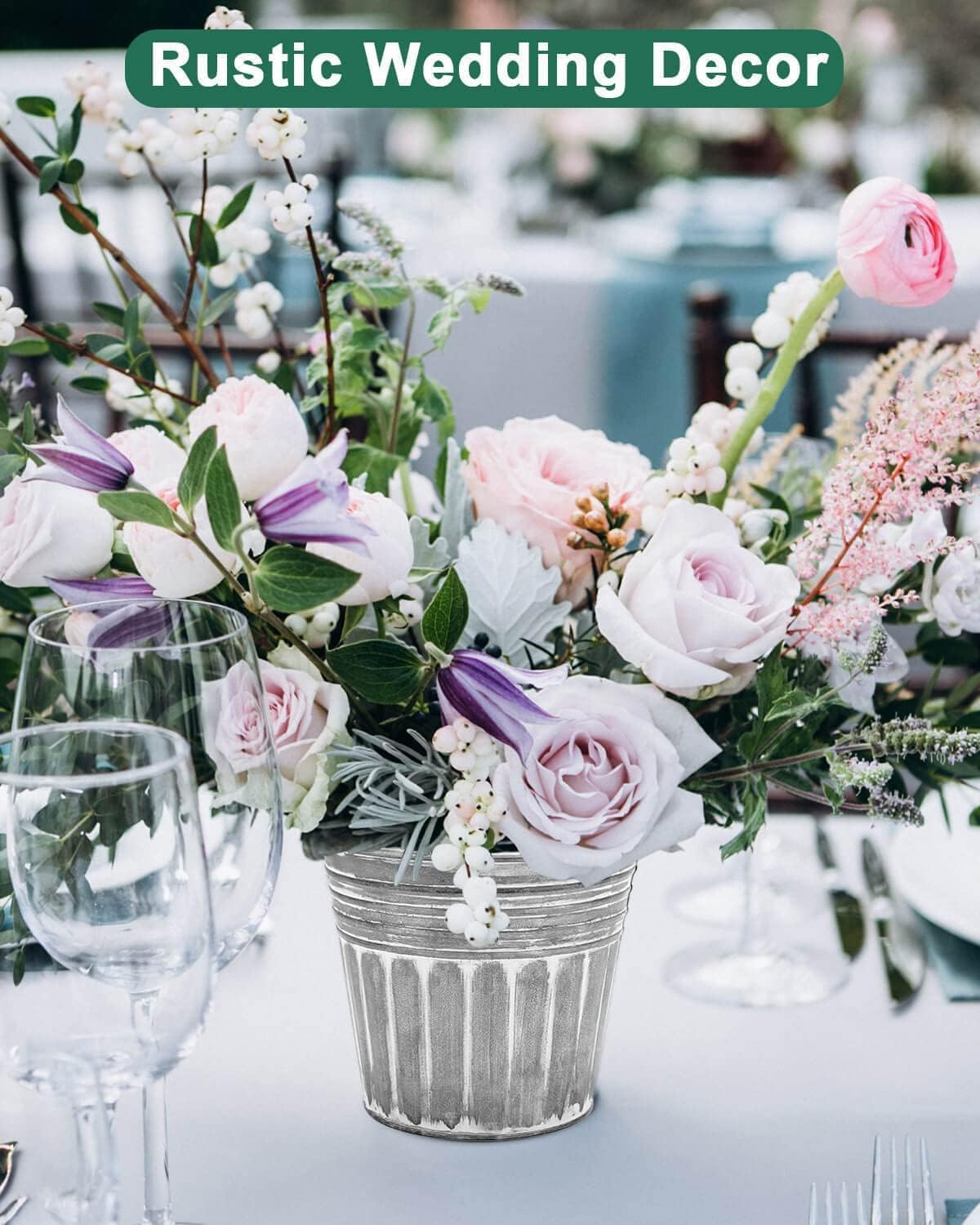 vensovo 5 Inch Silver Metal Rustic Flower Pots - 6Pcs Medium Galvanized Planters with Drainage Hole and Rubber Plug, Rustproof Metal Bucket Plant Pots Farmhouse Vintage Style for Decor