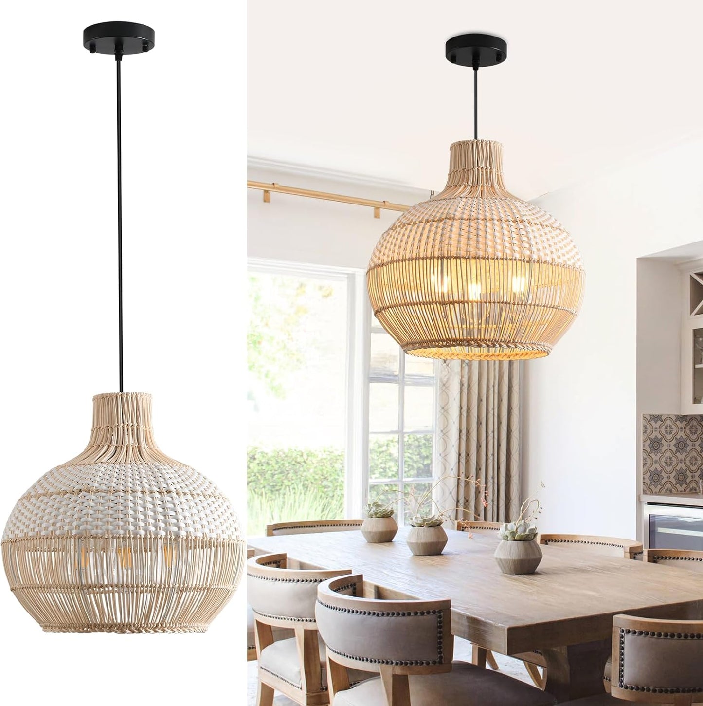 15" Rattan Pendant Light Fixture,3-Light Hand-Woven White Wicker Basket Chandelier Boho Faux Rattan Hanging Lamp,for Dining Living Bedroom Kitchen 1-Pack