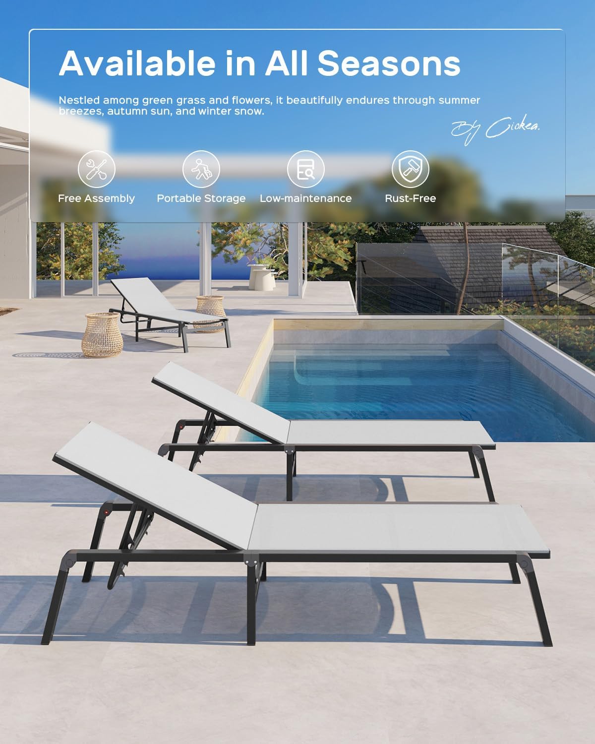 Aluminum Chaise Lounge Ourdoor - Foldable & Assemble Free Outdoor Lounge Chair with 5 Adjustable Backrest, Patio Lounge Chair for Outside Poolside Beach Pool, White