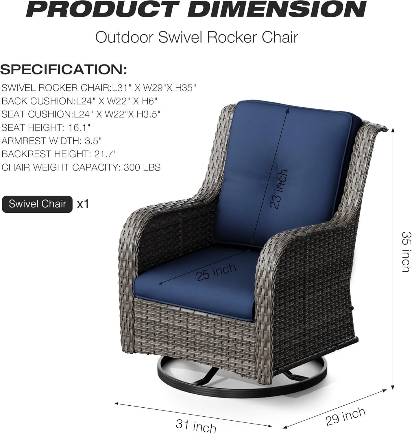Joyside Outdoor Swivel Rocker Patio Chair - Outdoor Wicker Glider Rocking Chair with Olefin Fabric Cushions Suitable for Porch Deck and Backyard(Mixed Grey/Dark Blue)