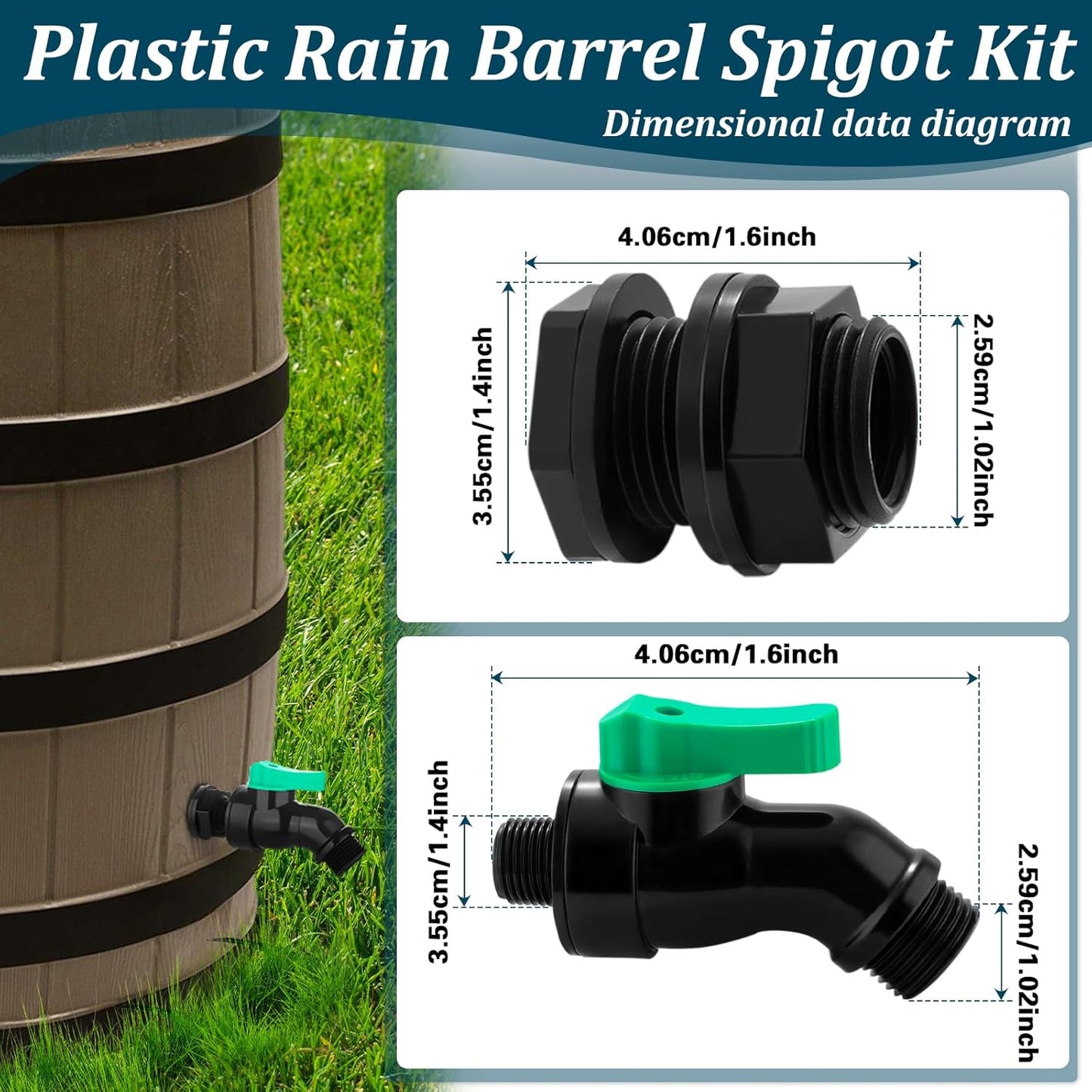 Plastics Rain Barrel Spigot Kit High Flow Valve Core Water Tank Faucet+PVC Bulkhead Fitting 1/2" NPT to 3/4" GHT Rain Barrel Spigot for Plastic Bucket Rainwater Drum Container Downspout Collector in