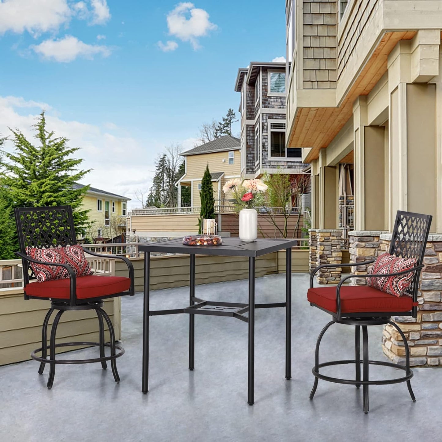 Sophia & William Patio Bar Stools Set 3 Pieces Outdoor Bistro Set, 2 Swivel Bar Chairs and 1 Square Bar Height Table, All-Weather Metal Furniture Set with Red Cushion and Umbrella Hole