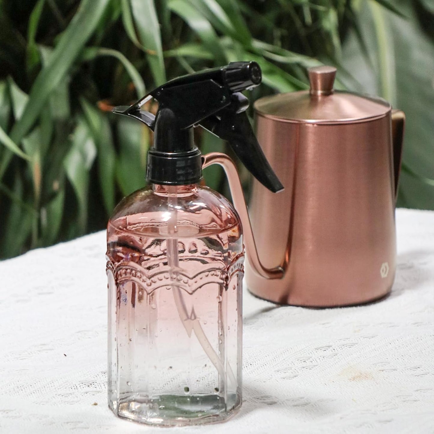 OFFIDIX Watering Can for Indoor Plants Long Spout Metal Stainless Steel 21 oz/600 ml Small Watering Can with 14 oz/400ml Glass Plant Mister Spray Bottle for Plants Bonsai