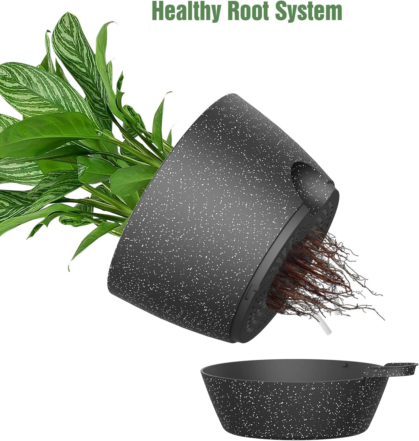 WOUSIWER 10 inch Self Watering Planters, 2 Pack Large Plastic Plant Pots with Deep Reservior and High Drainage Holes for Indoor Outdoor Plants and Flowers, Speckled Black