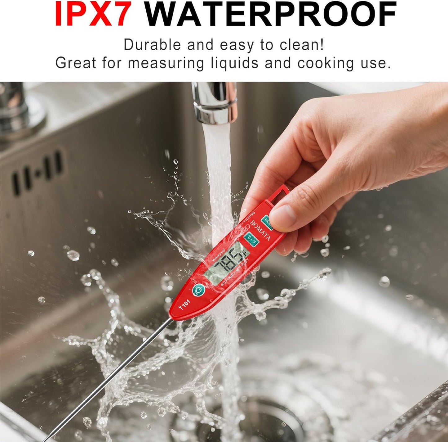 BOMATA Waterproof IPX7 Thermometer for Water, Liquid, Candle and Cooking. Instant Read Food Thermometer with Long Probe for Cooking, Meat, BBQ! T101 (Red Color)………