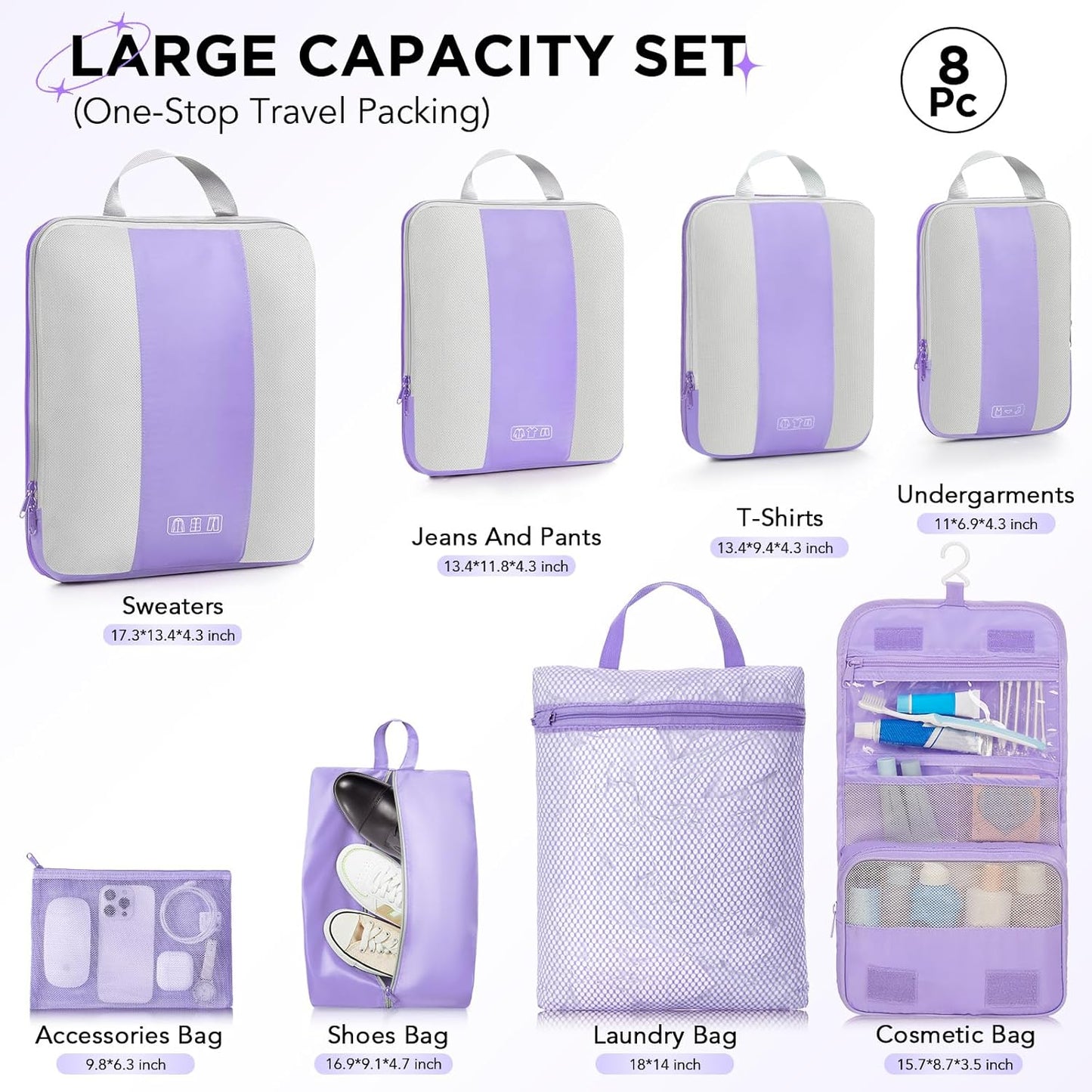 8 Set Compression Packing Cubes for Travel Essentials,Compressible Expandable Packing Cubes for Suitcase,OlarHike Luggage Organizer Bags for Travel,Handy Helper for Organizing Clothes(Light Purple)