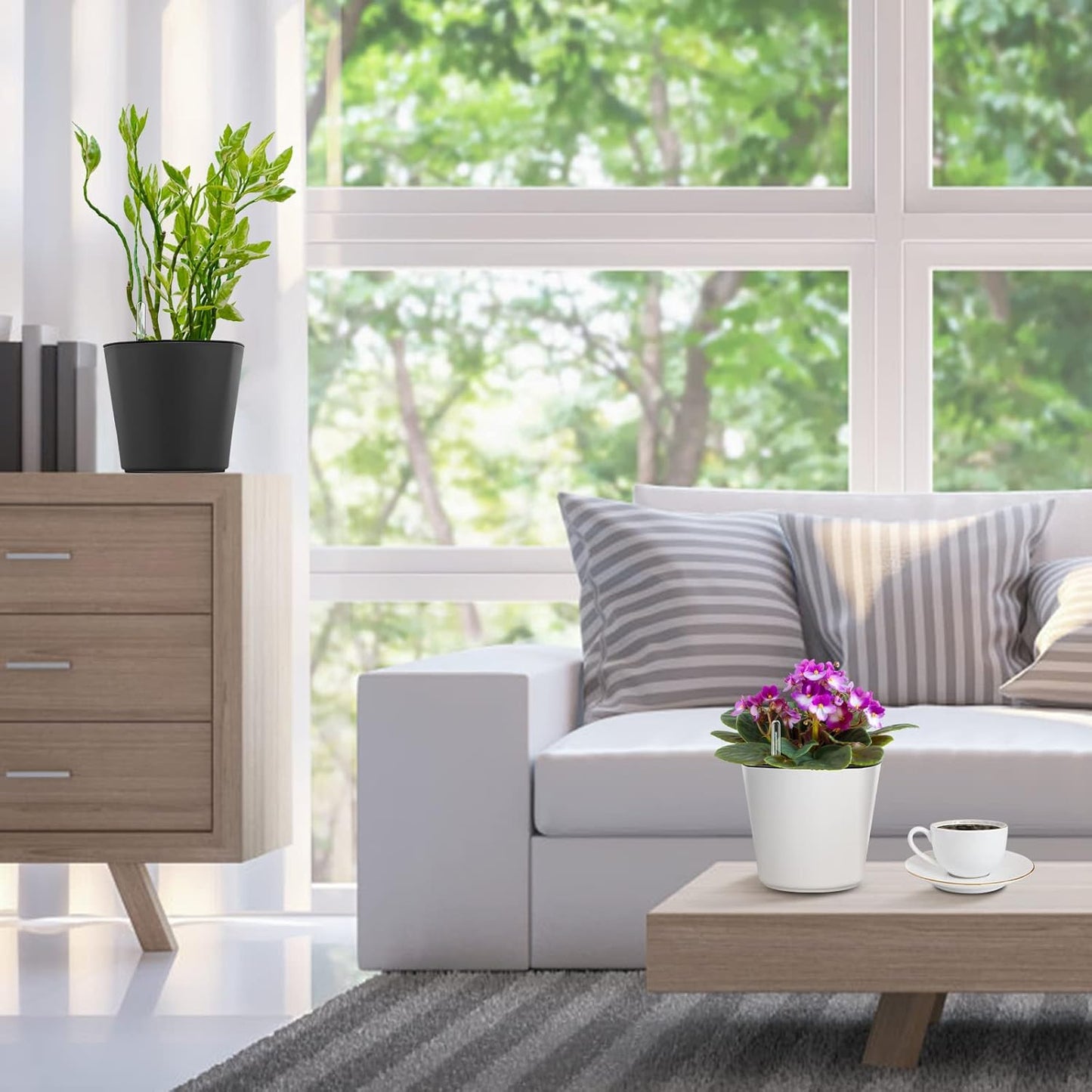 7 inch Plant Pots 6-Pack, Self Watering Flower Pots Indoor Outdoor, African Violet Pots Planters with Drainage Hole Saucer Reservoir, White