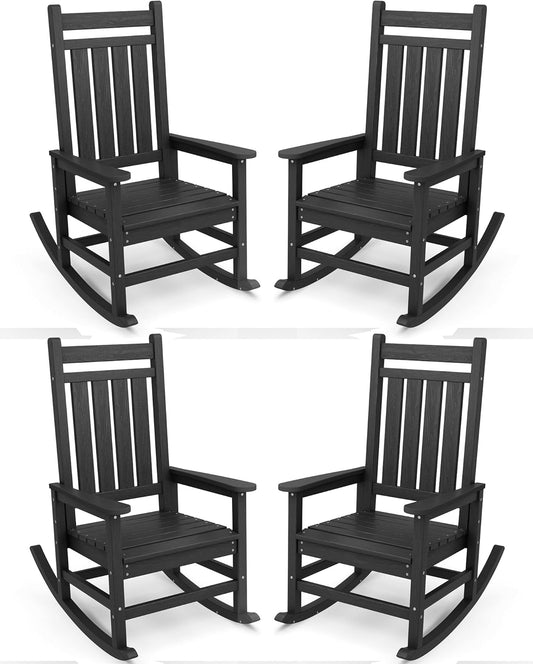 SERWALL Outdoor Rocking Chair Set of 4,HDPE Rocking Chairs for Adult, All Weather Porch Rockers for Lawn Garden, Black