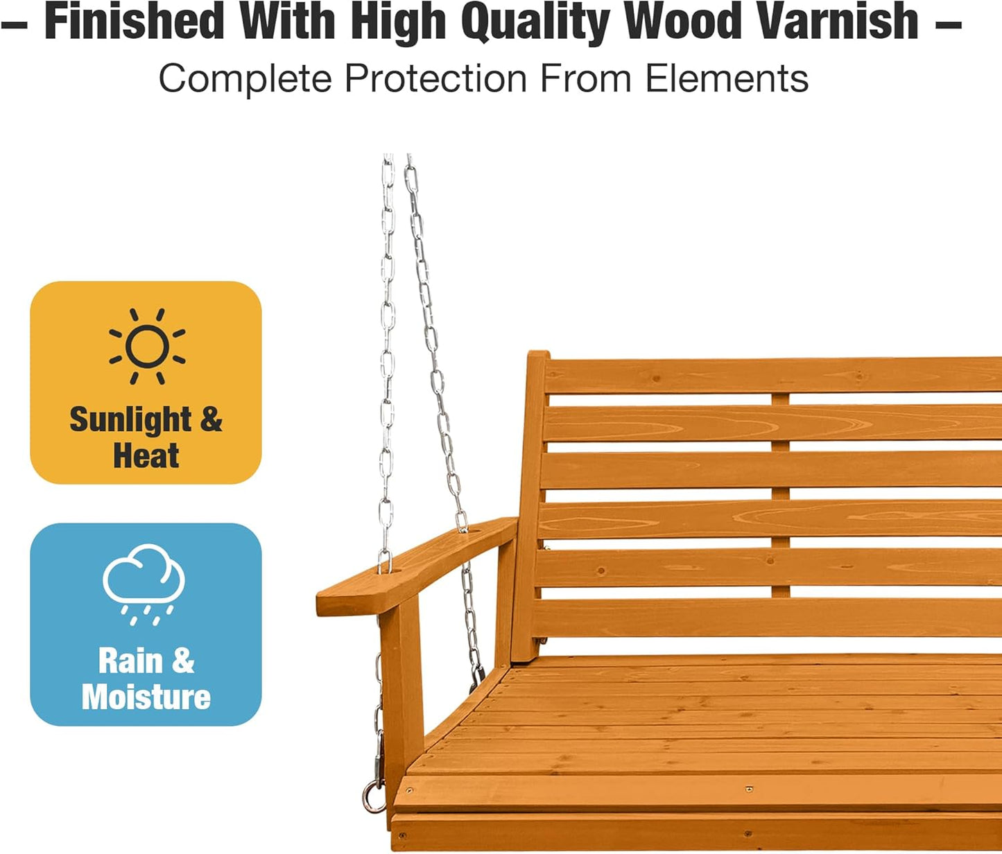 Wooden Porch Swing, Ergonomic Seat, Bench Swing with Hanging Chains and 7mm Springs, Heavy Duty 880 LBS, for Outdoor Patio Garden Yard (Amber, 2-Seater Extra Large)
