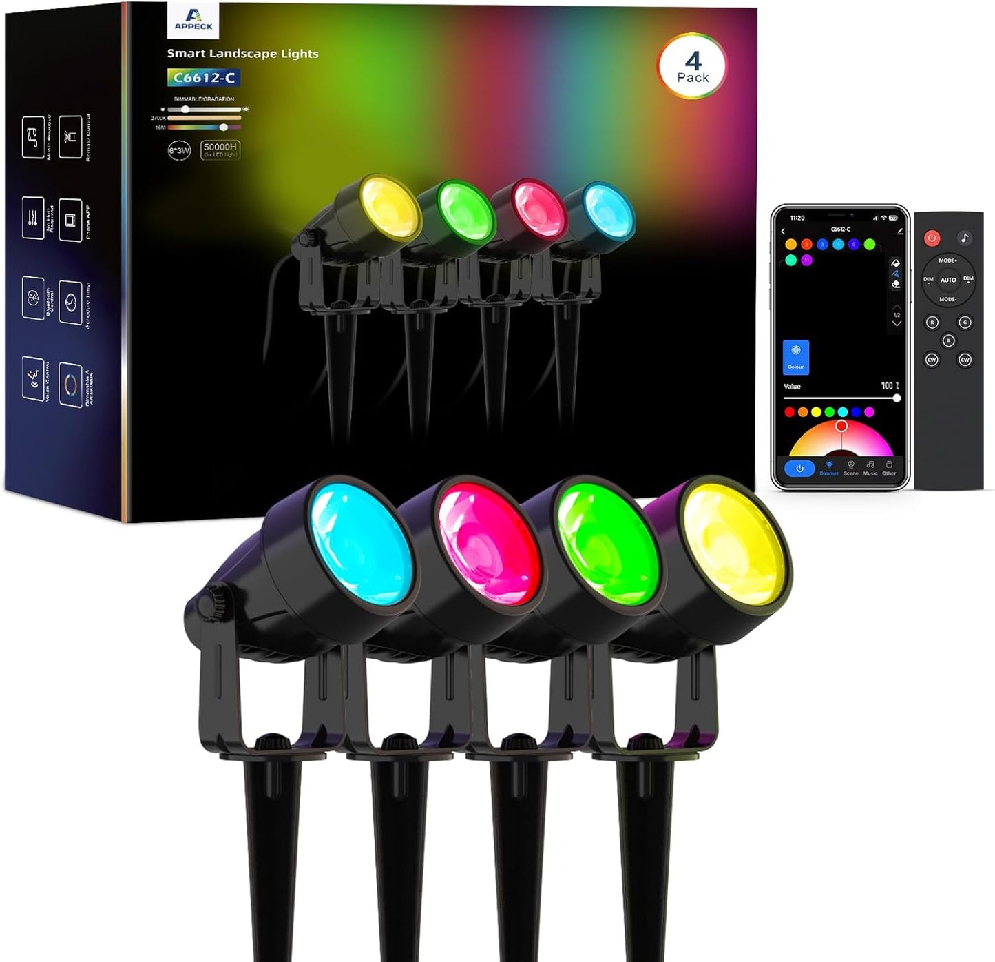 Spot Lights Outdoor, RGBW Low Voltage Landscape Lighting, Color Changing Uplighting Spotlights with App, IP65 Waterproof LED Outdoor Lights for Garden Yard Outside Decoration, 4 Pack