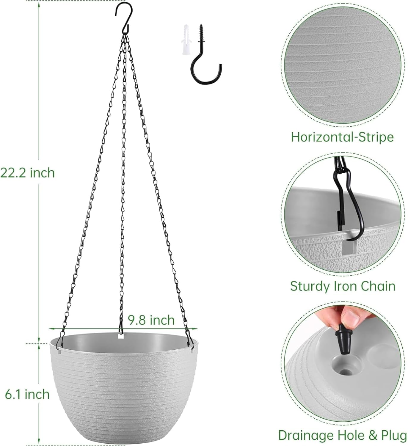 Hanging Planters for Indoor Outdoor Plants, Set of 2 Self Watering Hanging Pots with Drainage Hole & Plug and 20" Chain & Hooks