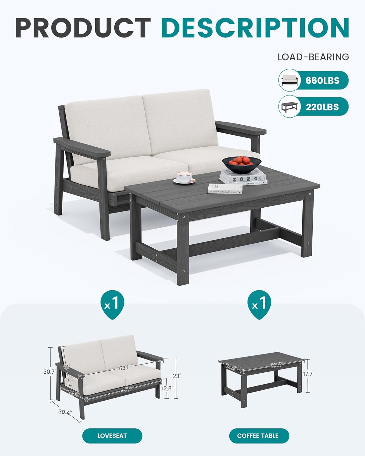 SERWALL Outdoor Loveseat, Grey Frame and Khaki Cushion