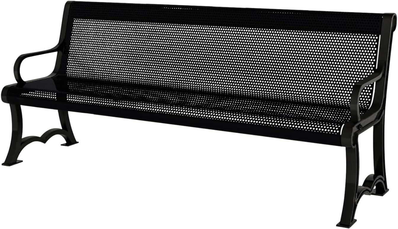 Coated Outdoor Furniture Heavy-Duty Outdoor Bench Thermoplastic Coated, Punched Steel, Commercial-Grade Garden Bench, Made in America (Portable with Back, 4 Ft, Black)