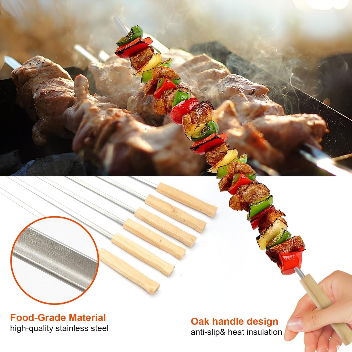SHIKORI Kabob Skewers,BBQ Barbecue Skewers,Stainless Steel Sticks,24 Inch Heavy Duty Large Wide Reusable,with Nonslip Wooden-12 Pcs