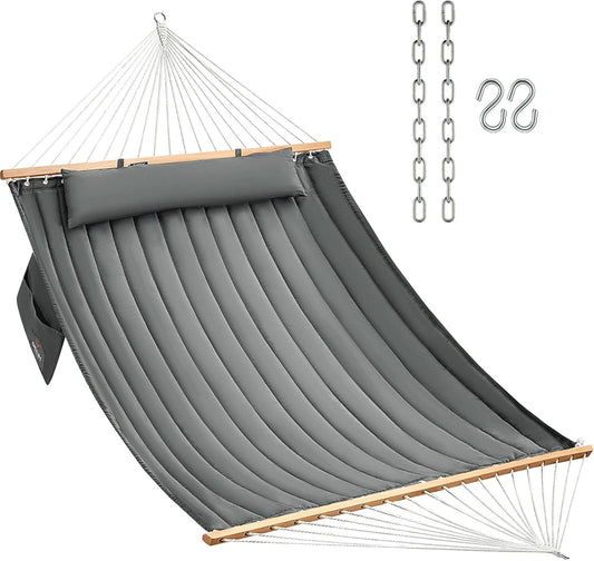 Double Quilted Fabric Hammock with Hardwood Spreader Bars and Pillow 450 LBS Capacity 2 Person Large Hammock for Outdoor Patio Backyard Poolside - Dark Grey