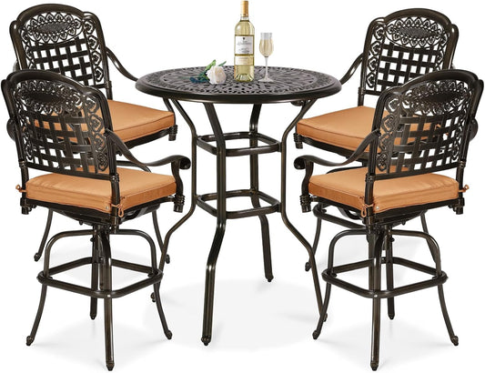 5 Pieces Patio Swivel Bar Set, Patio Bar Table and Chairs Set, All-Weather Cast Aluminum Outdoor Swivel Bar Stools of 4 and 35.4" Bar Table, High Top Bistro Set for Deck, Pool, Garden