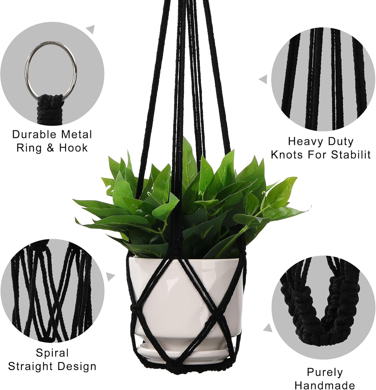YIBOT 3 Pack Macrame Plant Hanger Indoor Hanging Planters for Indoor Outdoor Hanging Plant Holder with 3 x S Hooks for Garden Home Boho Decor 35"/29"/23" Black