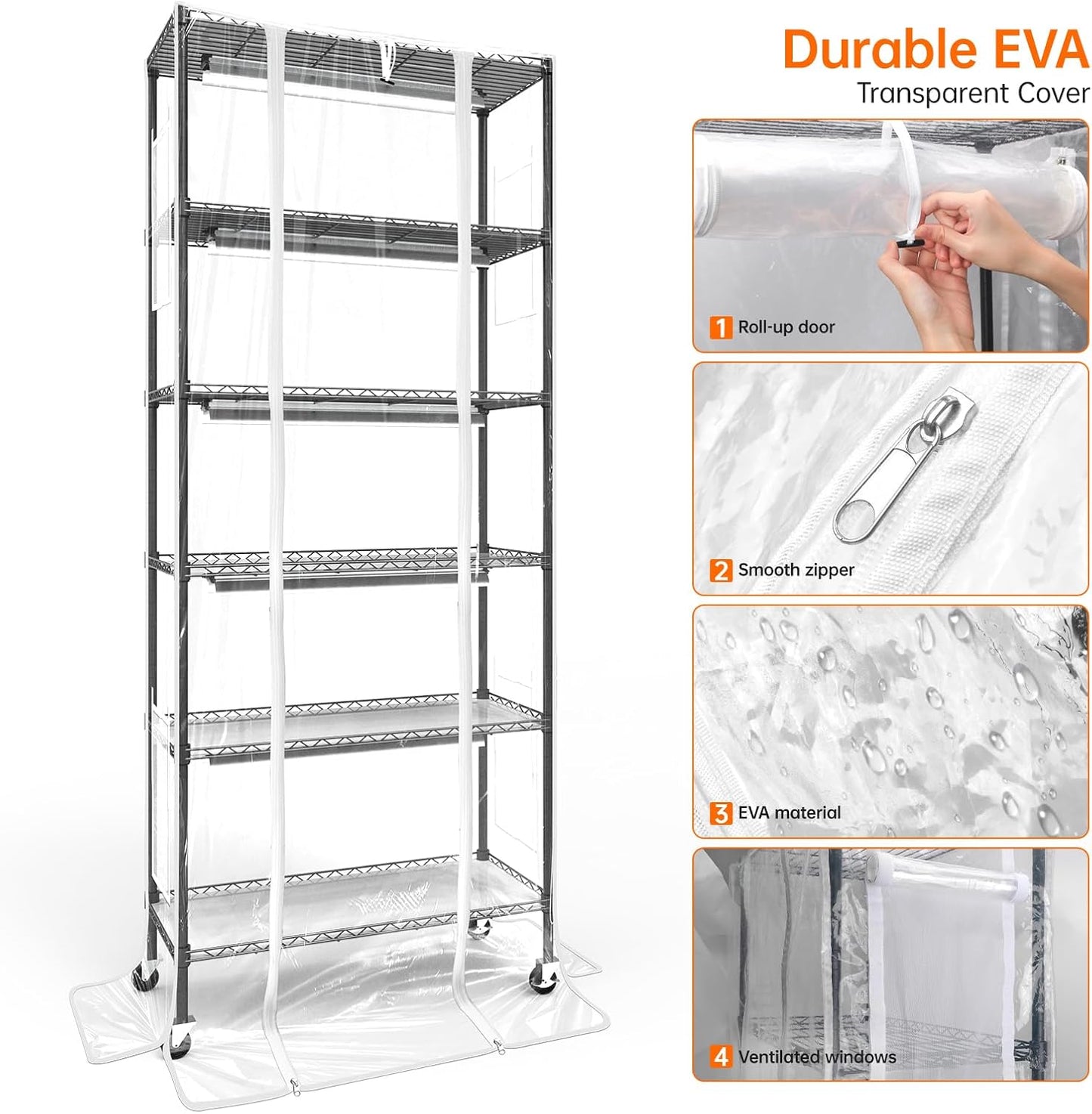 Plant Shelf with Grow Light, Grow Light Shelf with Cover and Thermometer, 6 Tier Plant Stand with Grow Light , Greenhouse with 150W Led Grow Light For Seed Starting , Tray (29.5"L×13.8"W×70"H)