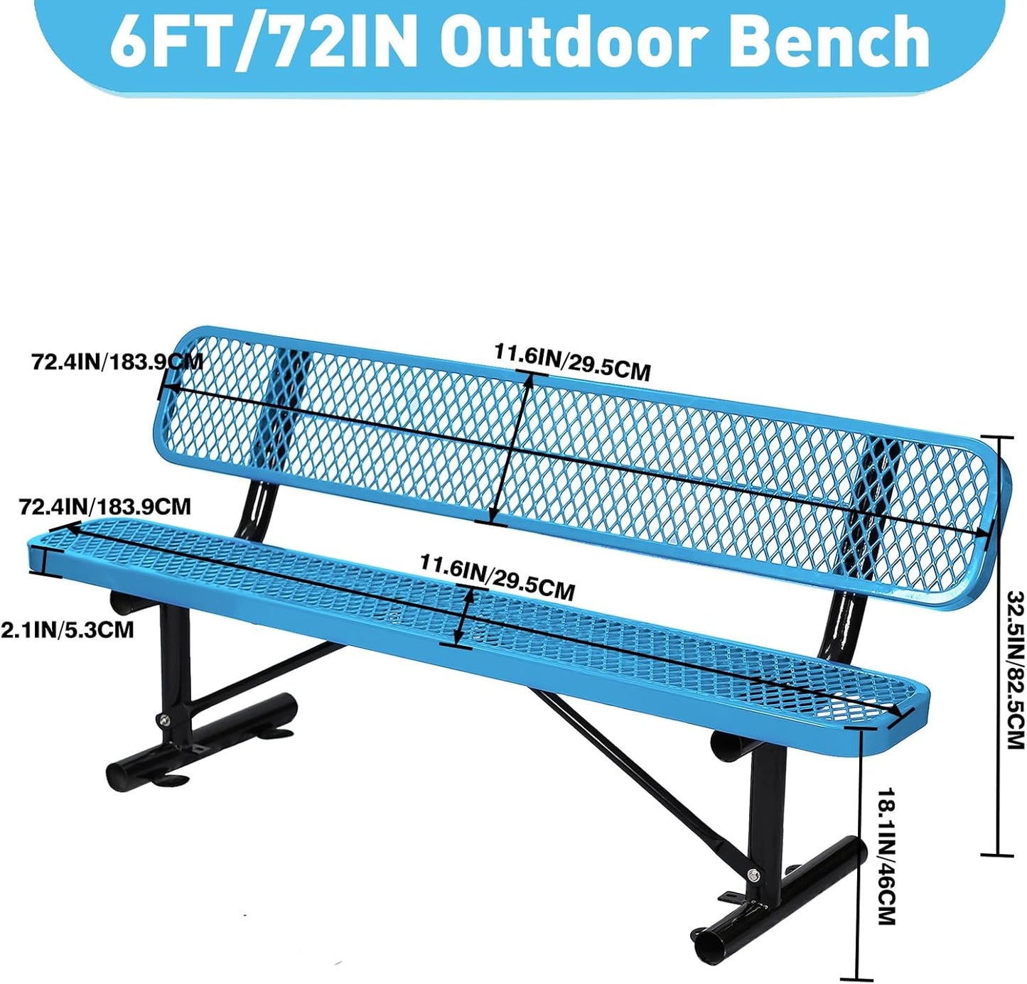 Thermoplastic Coated Iron Park Bench for Outside, Heavy Duty Metal Garden Bench, Expanded Commercial Grade Seating for Shopping Malls, Lawn Yard Porch Entryway (Blue with Backrest, 72IN)