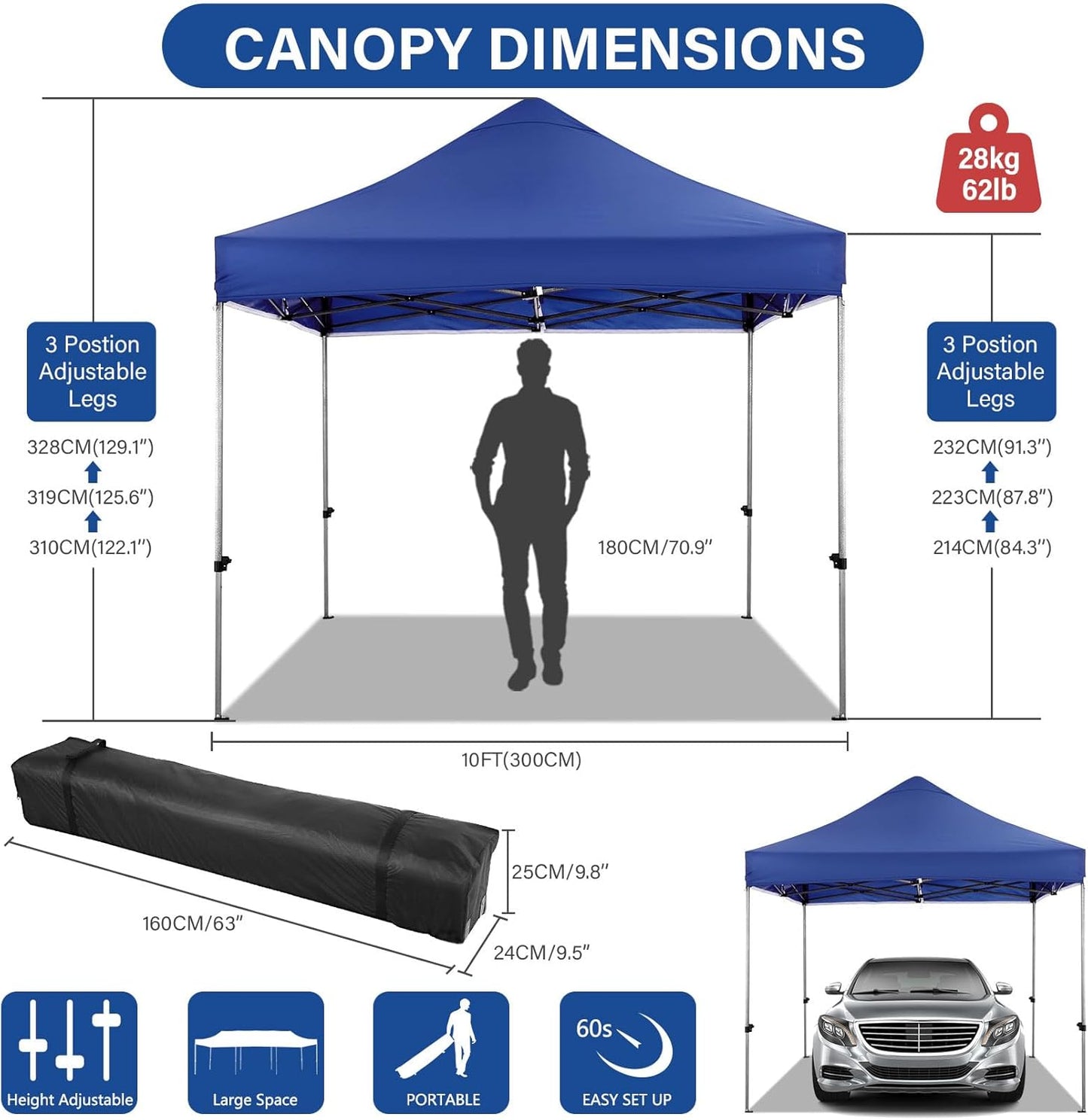 COBIZI 10x10 Pop up Canopy Heavy Duty Without Sidewalls, Easy Set-up Commercial Outdoor Party, 100% Waterproof Wedding Canopy Gazebo, 3 Height Adjustable with Handle Bag,Dark Blue