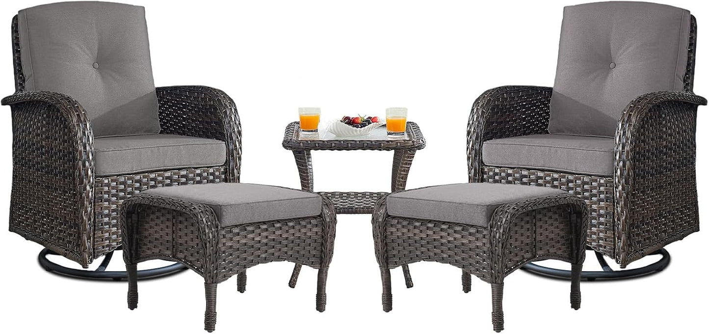 Small Conversation Sets Patio Funiture - 5 Piece Outdoor Swivel Rocker Wicker Furniture Sets with Ottomans Side Table Perfect for Patio Deck Backyard, Brown Wicker Grey Cushion