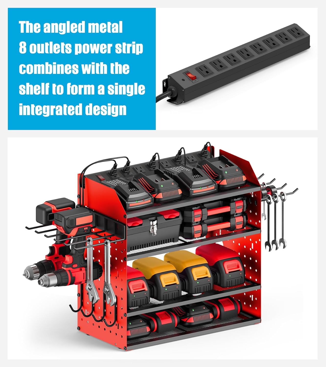 CCCEI Modular Desk Power Tools Organizer with Charging Station, 4 Layer Drills Battery Storage Wall Mount, Garage Shop Organization, Anniversary, Birthday, Gifts for Men, Father, Red, 6FT Cord.