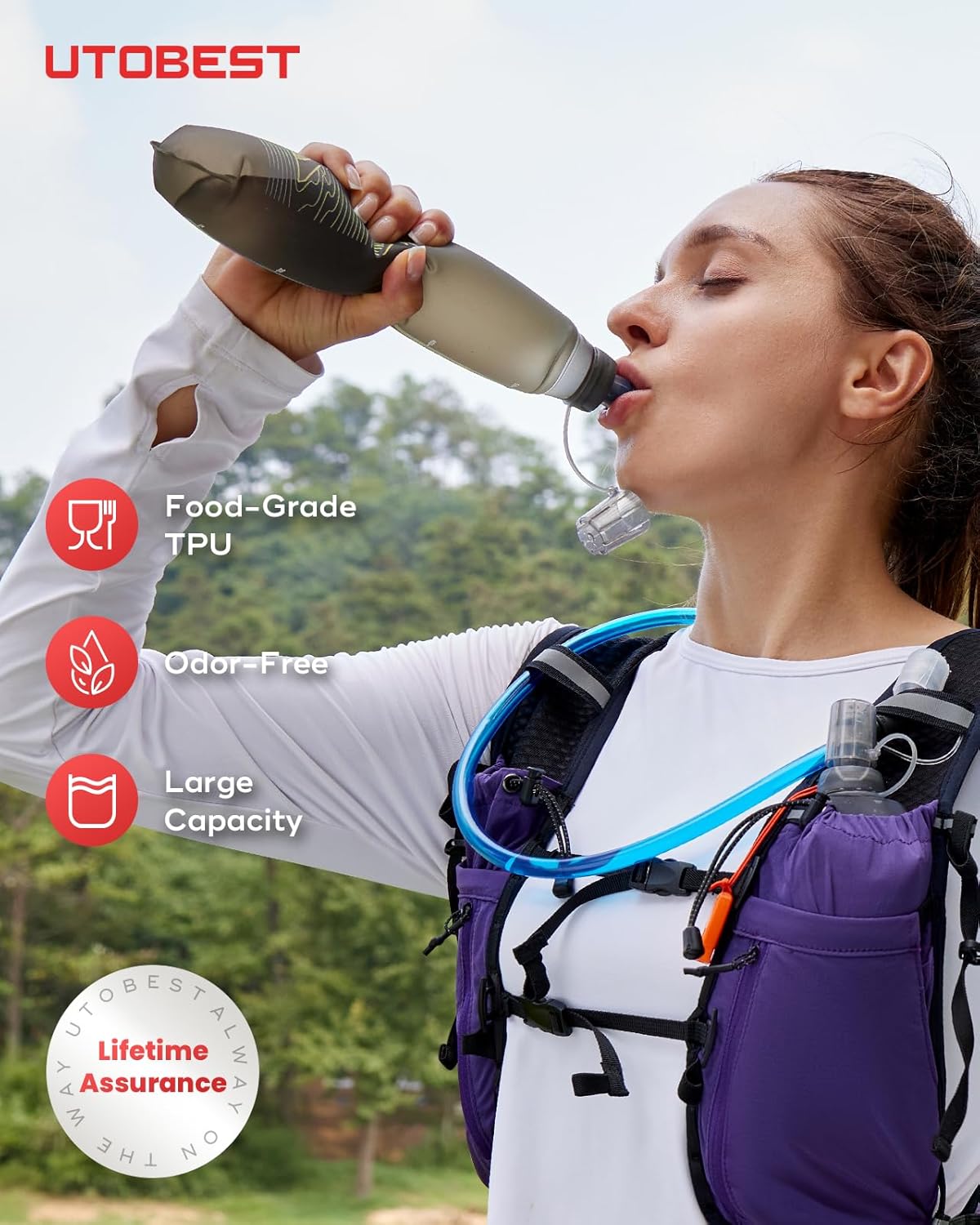 UTOBEST 500ml Soft Flask, 2 Pack Flexible TPU Hydration Water Bottle, Collapsible with 28mm Caliber for Running, Hiking, Cycling, Climbing, and Marathon Purple