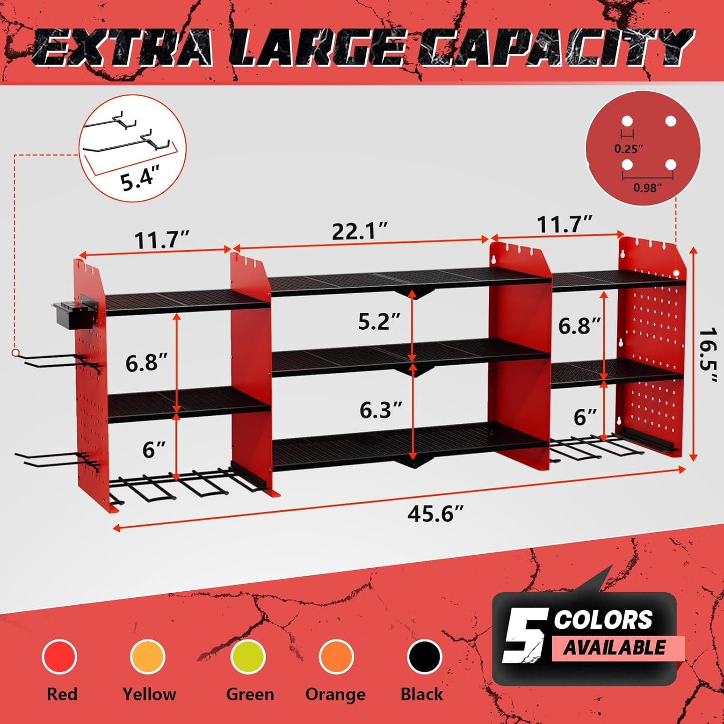 Power Tool Organizer Wall Mount with Charging Station, 45.5" Expanded Garage Wall Tool Organizer with 4 Pegboard Hooks, 6.5FT Outlet Power Strip, Large Garage Storage Rack for Impact Wrenches