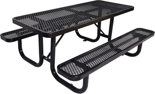 Picnic Table with Umbrella Pole, Heavy-Duty Weather-Resistant Dining Table for Patio, Rust-Resistant Finish, Black