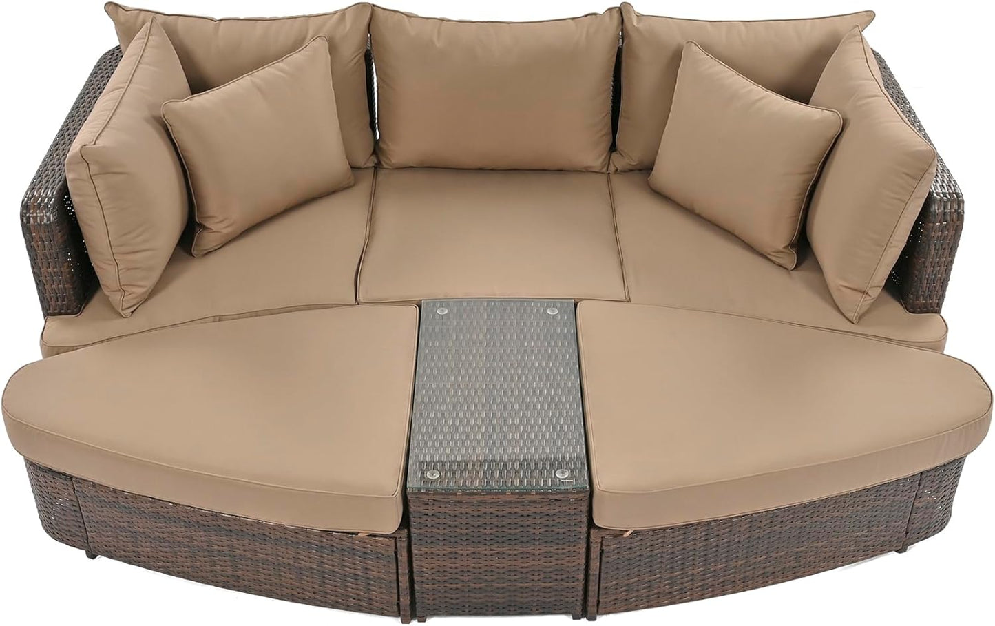 kevinplus Outdoor Patio Outdoor Daybed Patio Sunbed, All-Weather PE Wicker Patio Outdoor Conversation Round Sectional Sofa Couch Set with Coffee Table, Brown