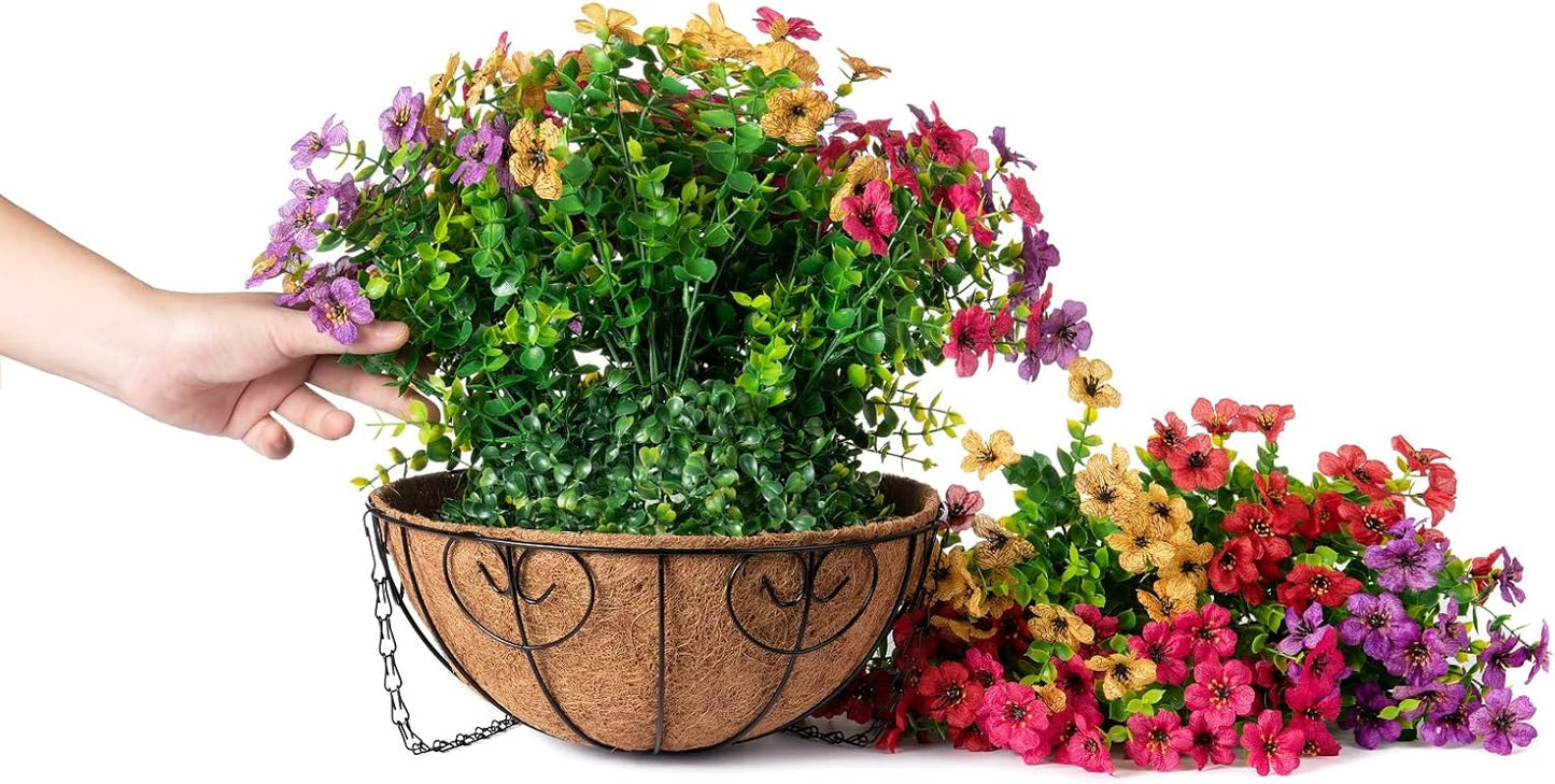 Artificial Faux Hanging Plants Flowers Basket for Summer Outdoor Outside Decoration, Fake Silk UV Sun Resistant Look Real Colorful Daisy Eucalyptus for Porch Home Patio Balcony Yard