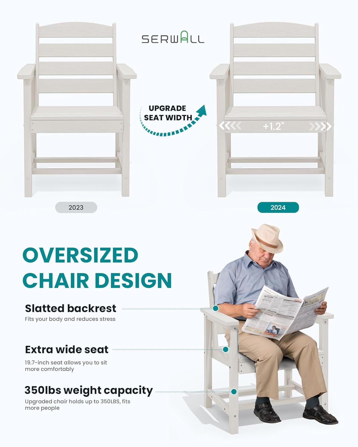 SERWALL 7-Piece Patio Dining Table Sets, Outdoor HDPE Dining Furniture Set with Umbrella Hole Cut-Out Table and 6 Chairs, White