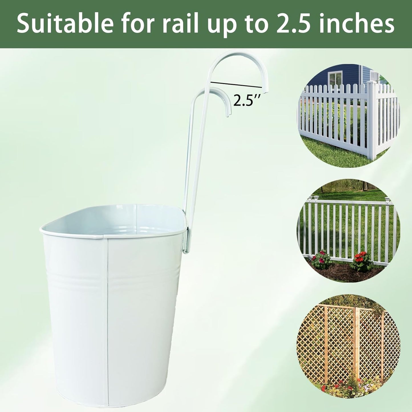 Hanging Planters for Outdoor Plants, 17" Railing Planter Pots, Metal Fence Flower Pot for Porch Balcony with Detachable Hook (White, Pack of 4)