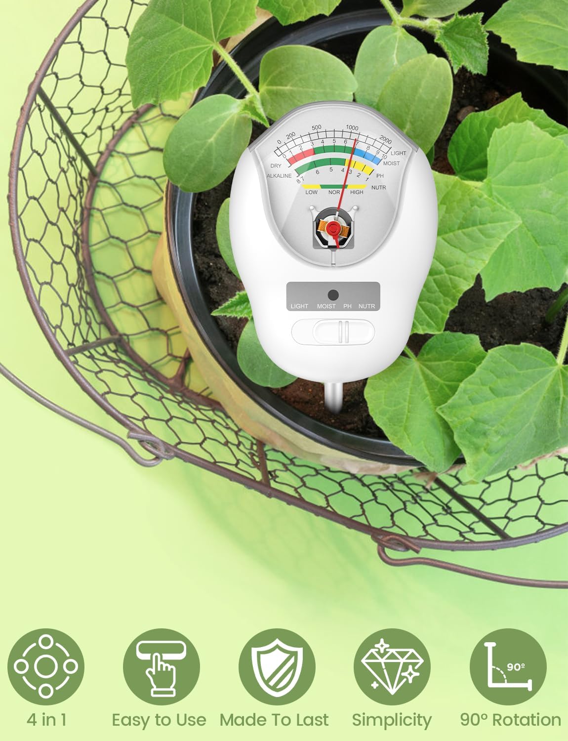 4-in-1 Soil Test Kit, Soil Moisture Meter, pH Meter, Light & Nutrient Tester for Indoor/Outdoor Plants, Garden, Farm, Lawn Care-No Battery Needed (4-in-1 Soil Test)