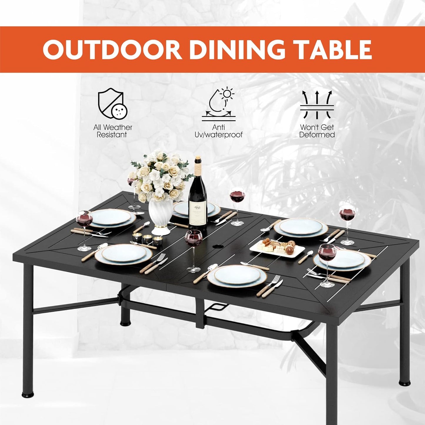 Outdoor Patio Dining Table for 6, 64" x 39" Rectangular Metal Patio Dining Table with Umbrella Hole for Garden, Backyard and Porch