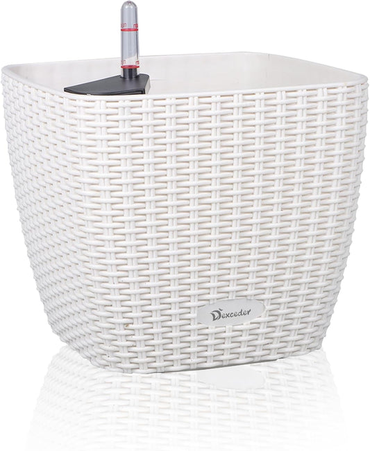 Dexceder 9x8 Self Watering Planter Indoor Outdoor, Inner Mat Design, Thickened Table Flower Plant Pot with Water Level Indicator (Ivory White Rattan)