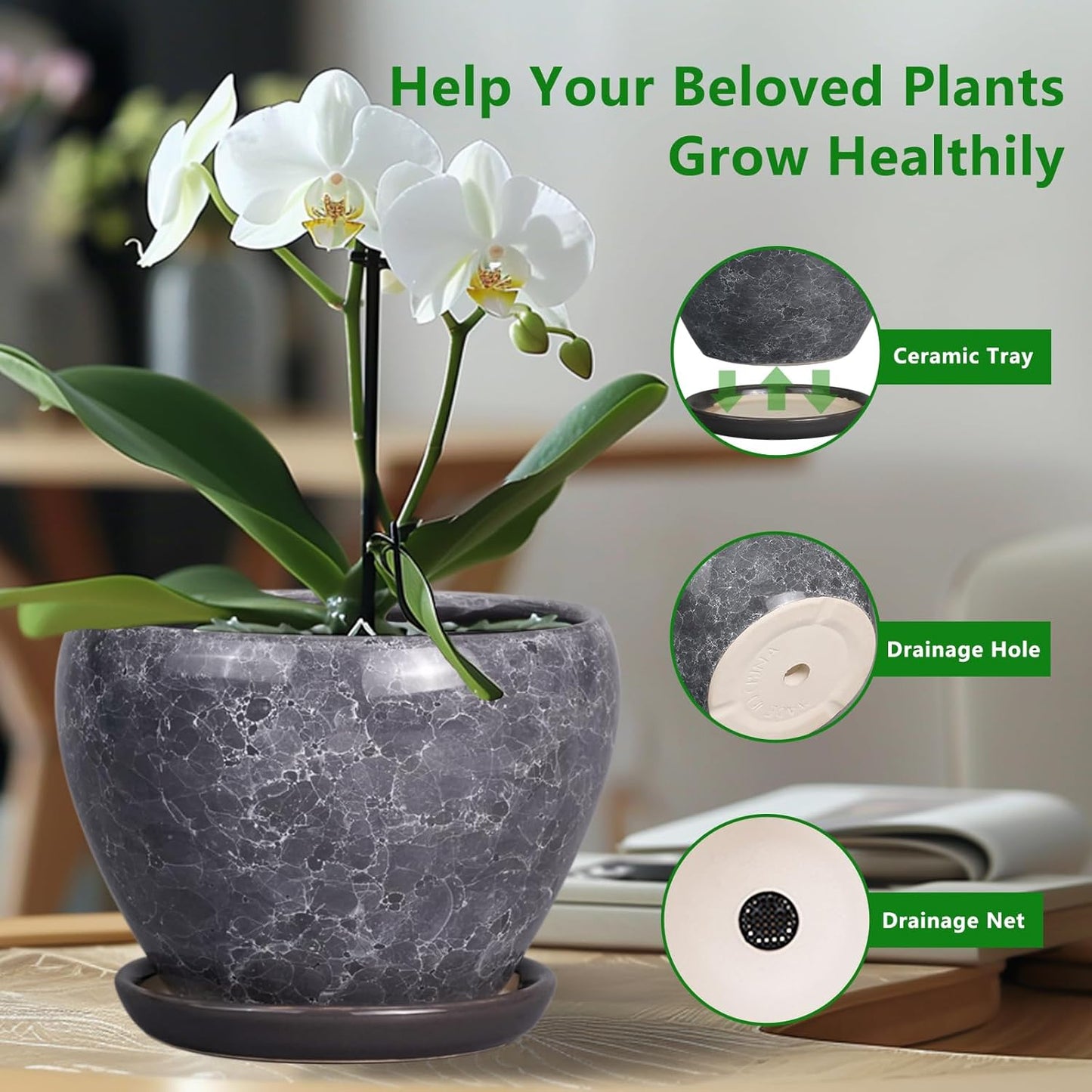 Ceramic Planter - 6 Inch Plant Pot with Drainage Hole and Saucer, Succulent Pot Glaze Round Flower Pot for Indoor Outdoor Plants, Gray