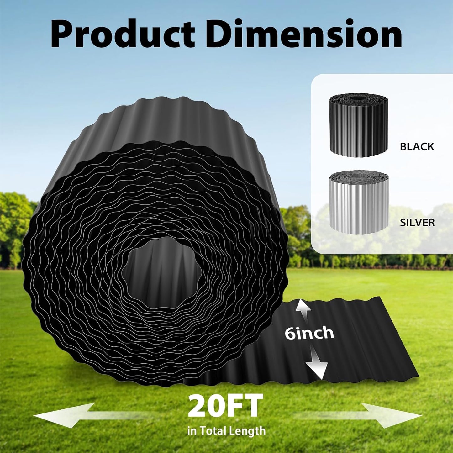 Used for DIY Metal Ripple Landscape Edging, Sturdy and Durable Garden Edging Border, Lawn and Tree Surround Fence Design (Black, 6"×20 Ft)