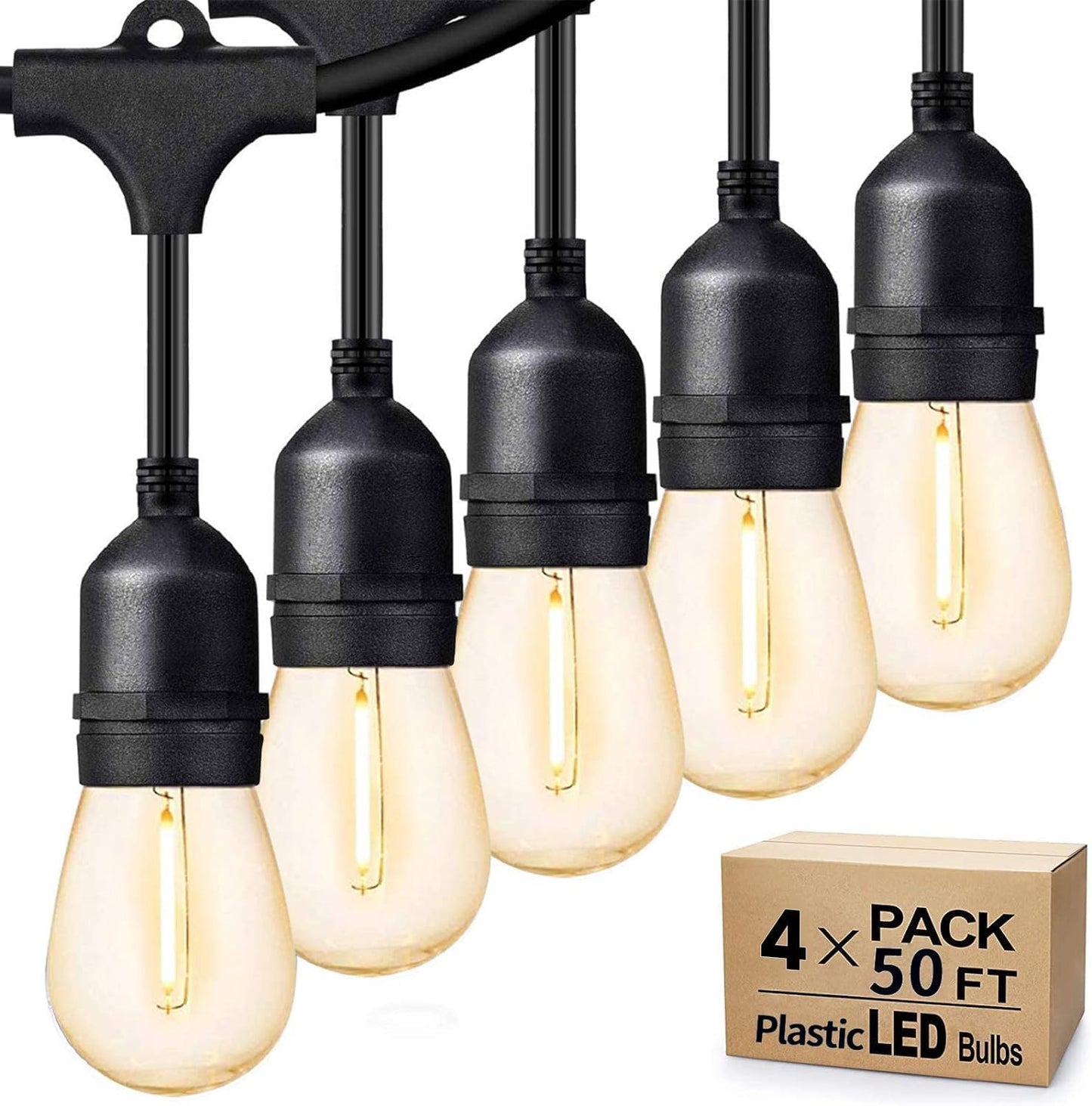 Svater Outdoor String Lights 200 FT, E26 Socket, 64pc S14 Shatterpoof Bulbs, 1 Watt Dimmable 2700K Warm White, IP65 Waterproof Commercial Grade Patio Light (4 Pack X 50FT)