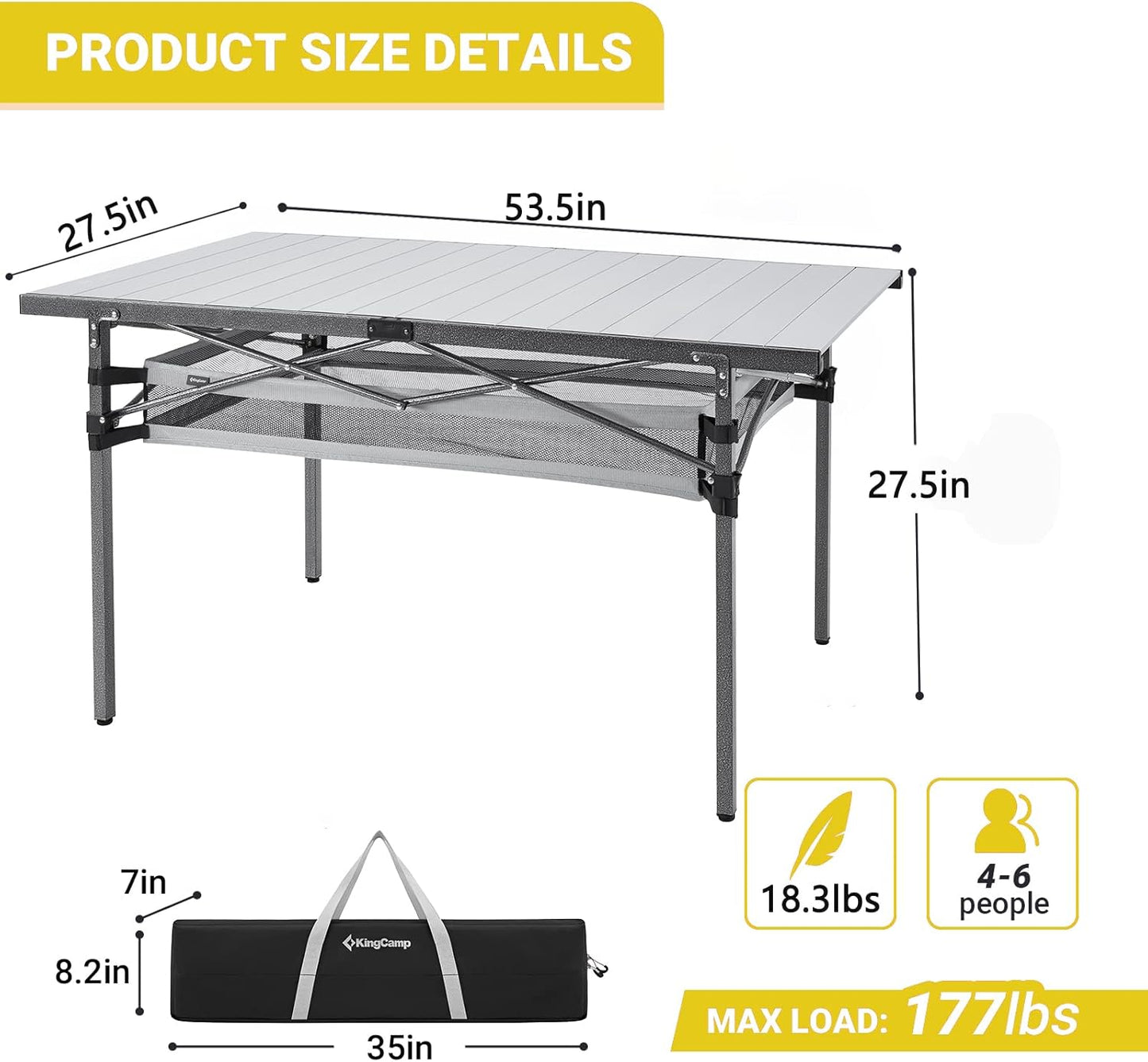 KingCamp Spacious Tabletop Area Aluminum Compact Roll 4-6 Person Stable Adjustable Feet Table with Carry Bag for Outdoor Camp Picnic, Black/Siver_53.5"×27.5" with Storage Layer