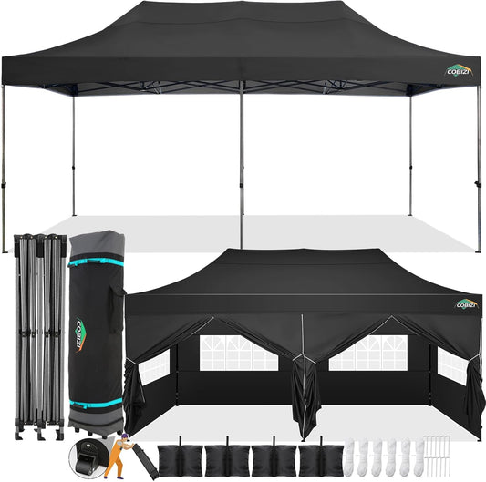 COBIZI 10x20 Pop Up Canopy with 6 Sidewall,Heavy Duty Canopy UPF 50+ All Season Wind Waterproof Commercial Outdoor Wedding Party Tents for Parties Gazebo with Roller Bag(10 x 20 ft Black)