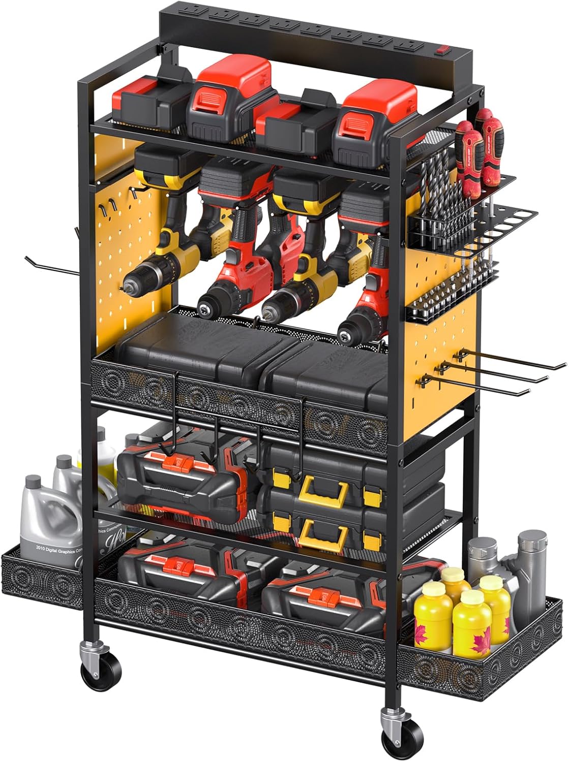 CCCEI Garage Power Tools Organizer Cart with Charging Station, Black Floor Standing Rolling Drill and Tools Battery Storage Cart on Wheels. Yellow Utility Rack Gift for Men, Husband, Father.