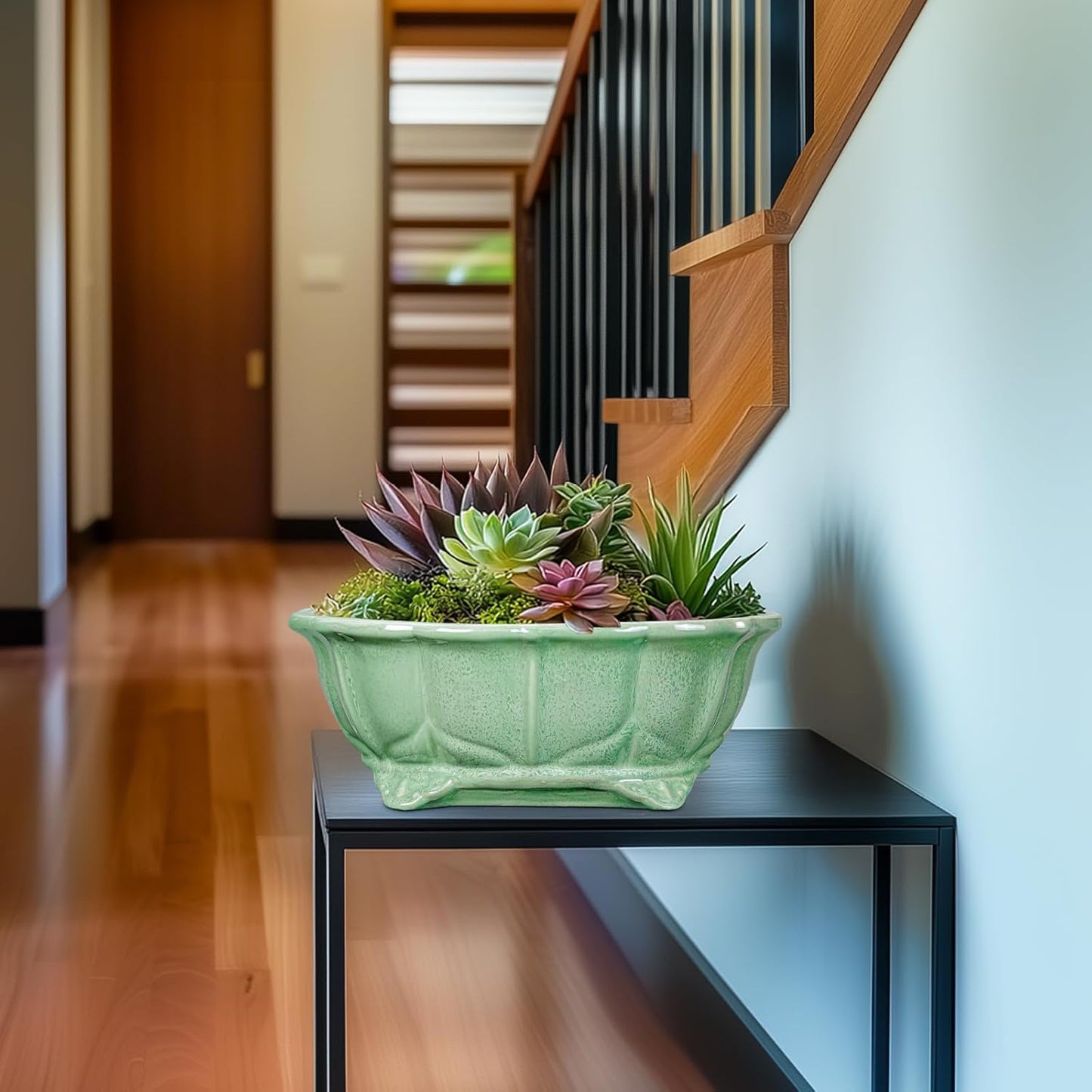 Bonsai Pots 11 Inch - Ceramic Succulent Pots with Drainage Hole, Oval Planter for Indoor Outdoor, Decorative Ceramic Flower Pot, Home Garden Room Decor, Plant Lover Gifts, Green